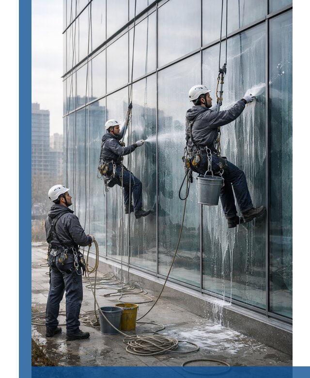 Промышленная мойка панорамных окон на высоте в Касимах