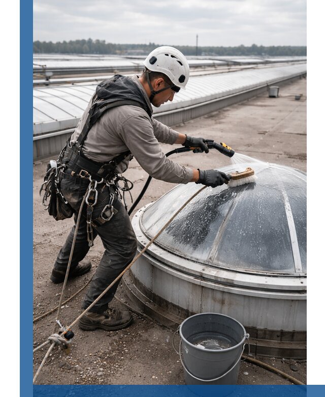 Мойка зенитных фонарей на кровле для промышленных объектов в Касимах