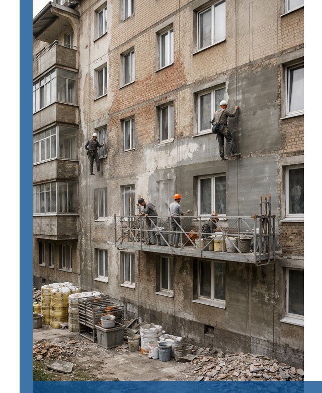 Капитальный ремонт фасада в Касимах с восстановлением и гидроизоляцией