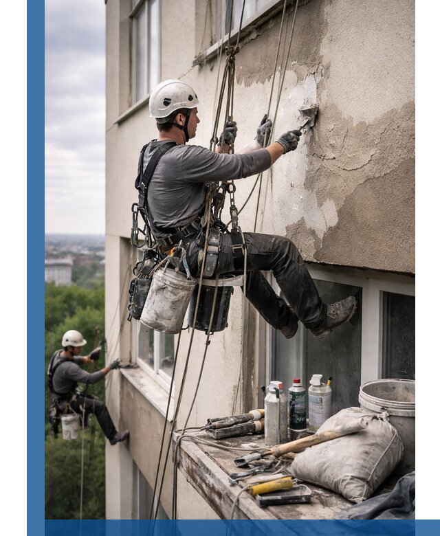 Косметический ремонт фасада зданий в Касимах промышленными альпинистами
