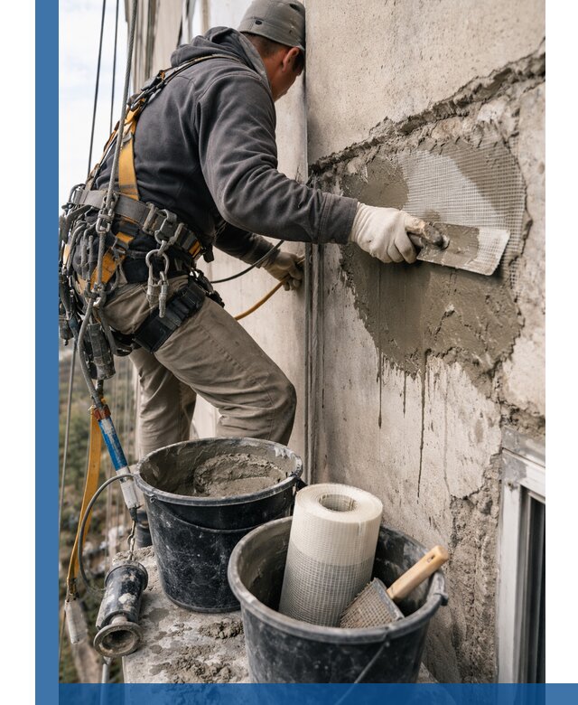 Ремонт бетонных элементов фасада промышленными альпинистами в Касимах