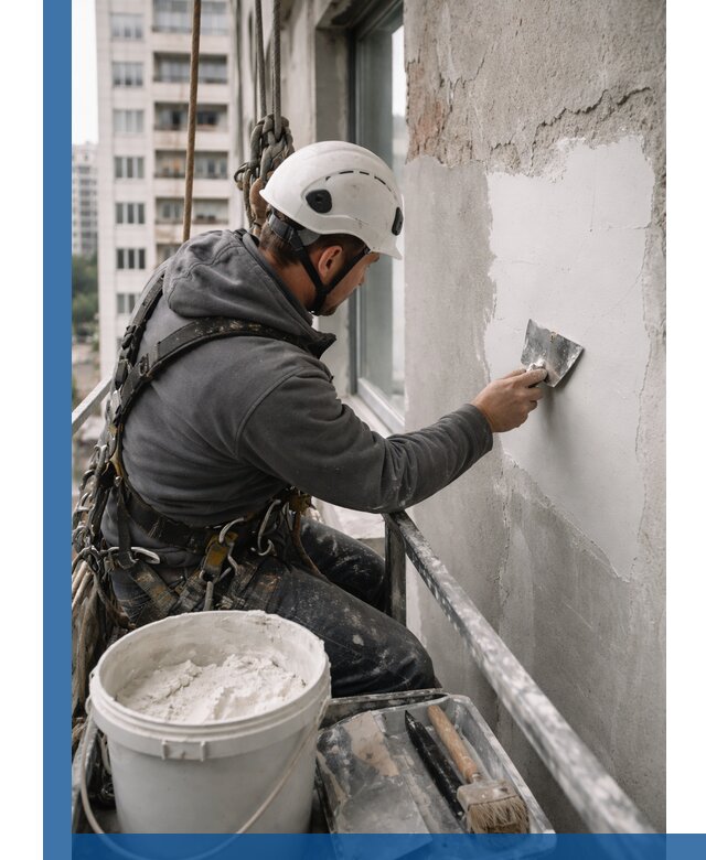 Шпаклевка фасадов на высоте с промальпинистами в Касимах