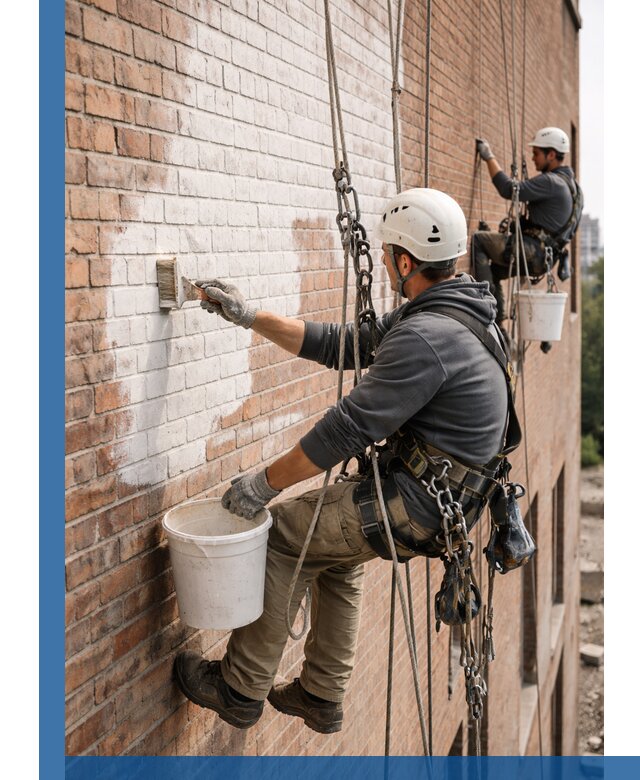 Покраска кирпичного фасада с доступным альпинистским сервисом в Касимах