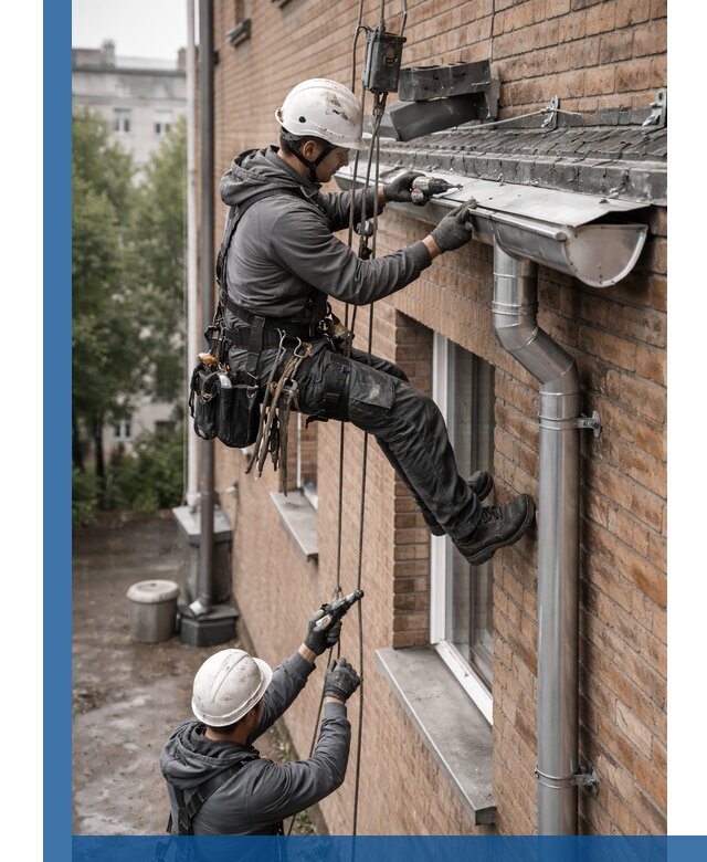 Монтаж водосточной системы на здании в Касимах под ключ