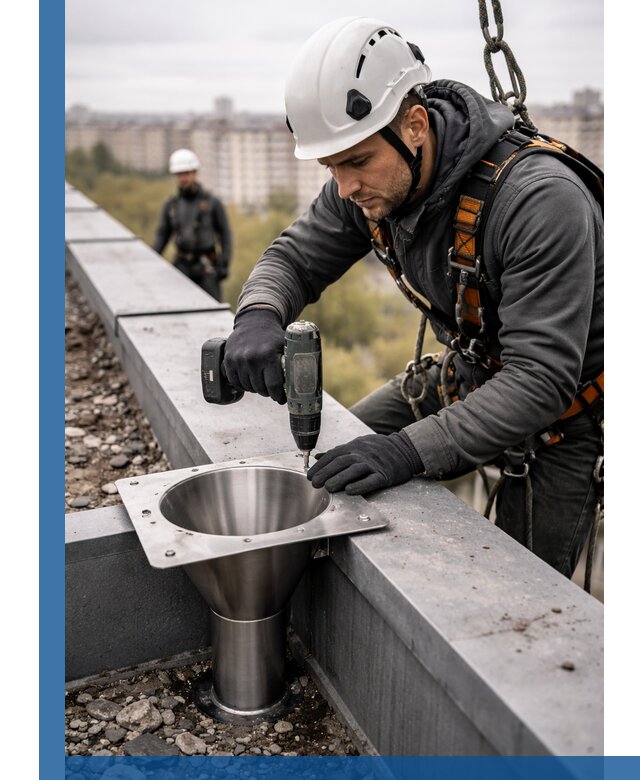 Монтаж водосточных воронок в Касимах для промышленных зданий