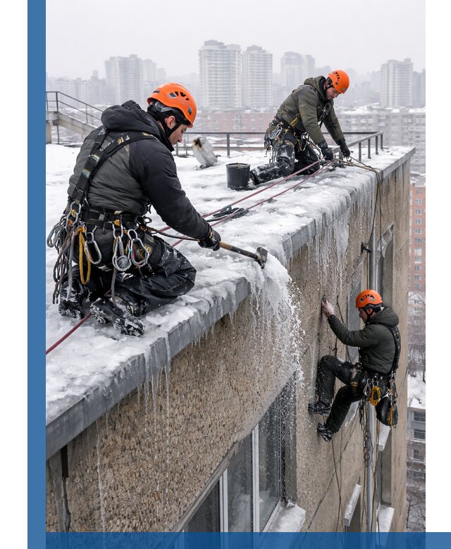 Удаление наледи с кровли в Касимах промышленными альпинистами