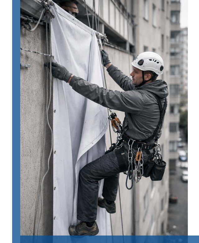 Замена баннерного полотна промышленными альпинистами в Касимах