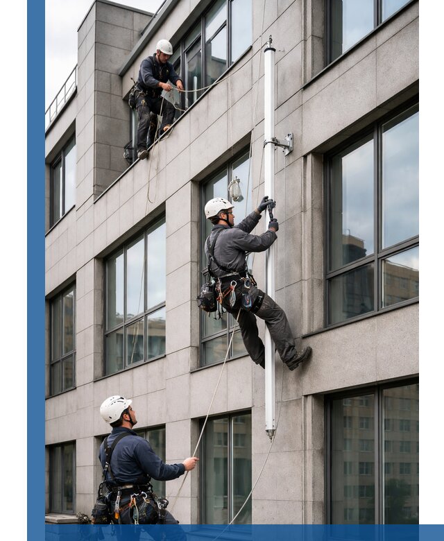 Монтаж флагштока на фасаде здания с креплением и герметикой в Касимах