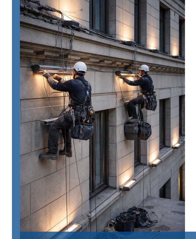 Монтаж архитектурной подсветки фасадов зданий в Касимах