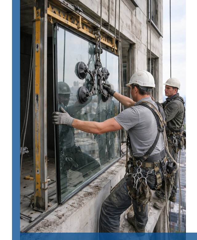 Монтаж стеклопакетов на высоте в Касимах с промышленным альпинизмом