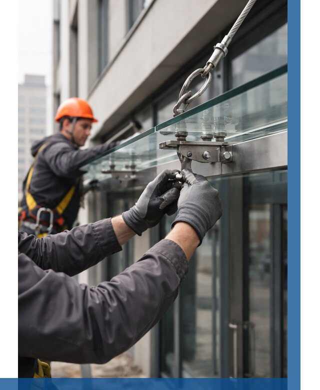 Монтаж стеклянных козырьков в Касимах от 9243 р. | ВЫСОТНИК-Ксм