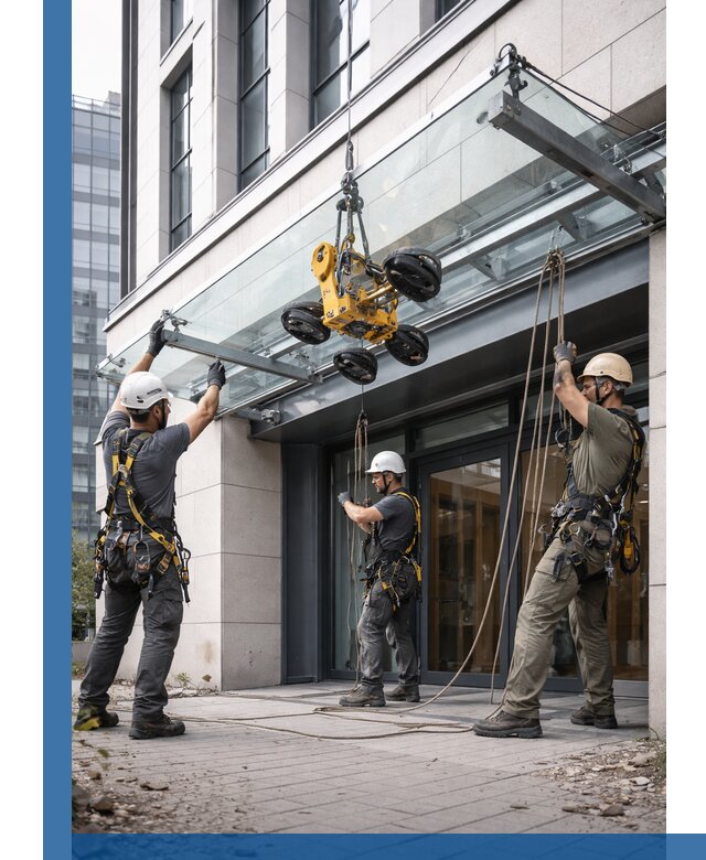 Монтаж стеклянных козырьков под ключ в Касимах для зданий