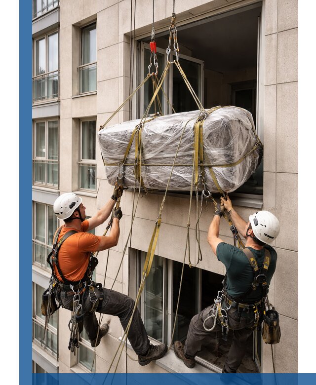 Подъем грузов через окно в Касимах промышленными альпинистами